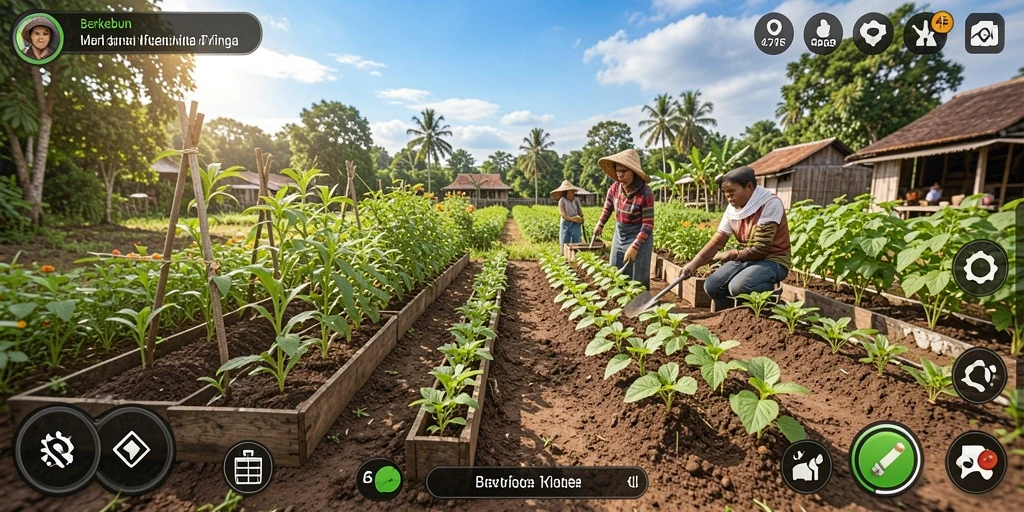 Tangkapan layar gameplay menunjukkan aktivitas berkebun yang seru dan interaktif.