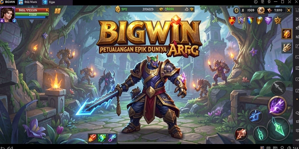 Screenshot gameplay BIGWIN menunjukkan aksi pertarungan seru di dunia fantasi.