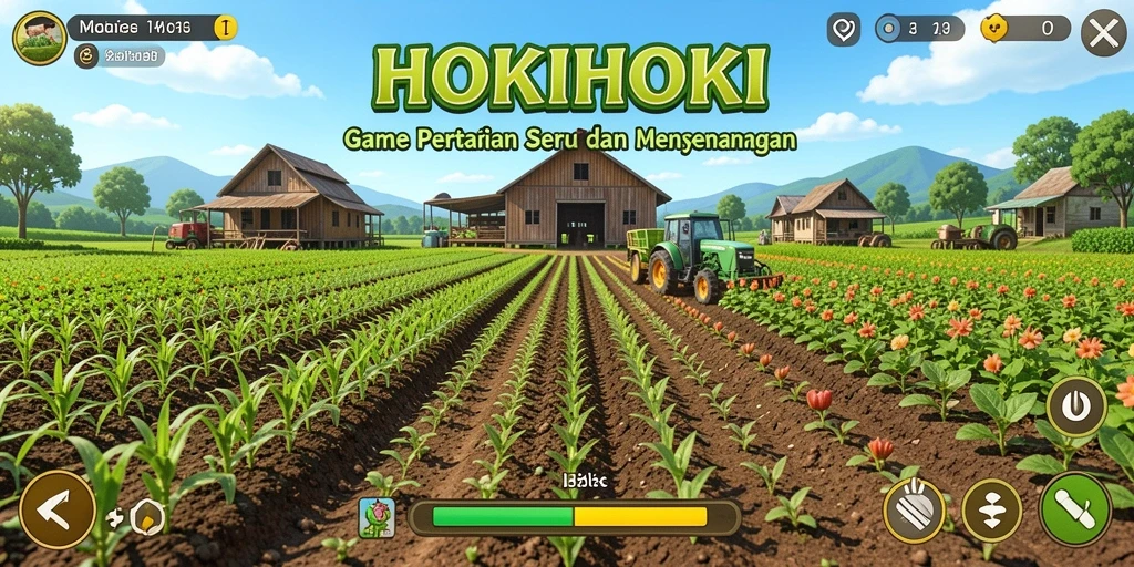 Screenshot gameplay HOKIHOKI yang menampilkan kebun yang indah.