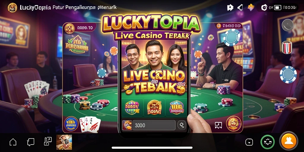 Screenshot gameplay LUCKYTOPIA menampilkan dealer langsung dan permainan yang seru.